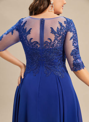 A-line Scoop Illusion Tea-Length Lace Chiffon Mother of the Bride Dress With Sequins