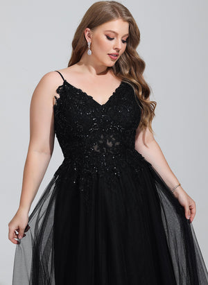 A-line V-Neck Floor-Length Tulle Prom Dresses