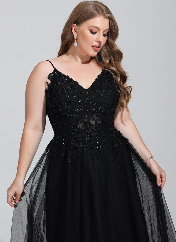 A-line V-Neck Floor-Length Tulle Prom Dresses