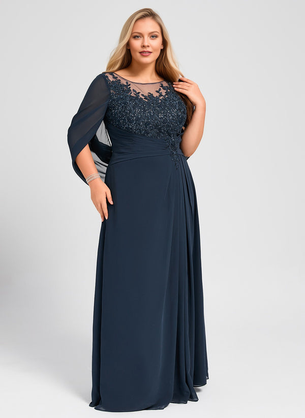A-line Scoop Illusion Floor-Length Lace Chiffon Mother of the Bride Dress With Sequins Pleated