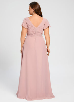 A-line V-Neck Floor-Length Chiffon Bridesmaid Dress With Ruffle