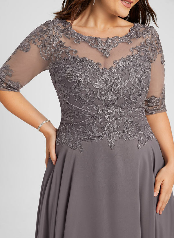 A-line Illusion Boat Neck Asymmetrical Chiffon Lace Mother of the Bride Dress With Sequins Beading