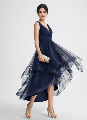 A-line V-Neck Asymmetrical Tulle Cocktail Dress With Cascading Ruffles Pleated