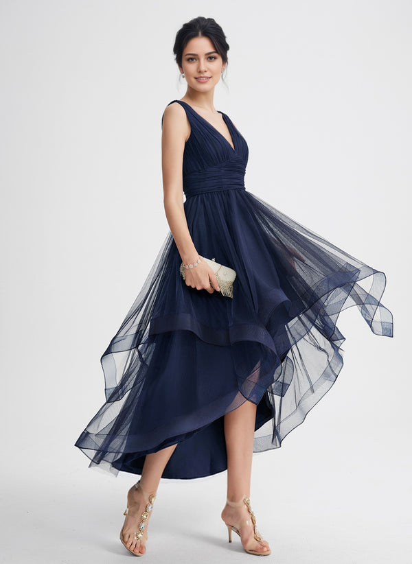 A-line V-Neck Asymmetrical Tulle Cocktail Dress With Cascading Ruffles Pleated