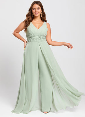 Jumpsuits V-Neck Floor-Length Chiffon Bridesmaid Dress With Ruffle