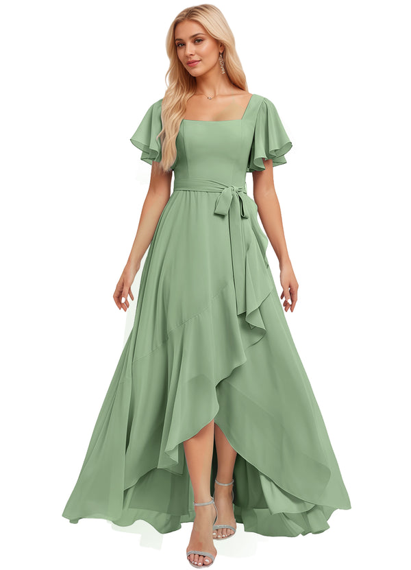 A-line Square-Neck Floor-Length Chiffon Bridesmaid Dress With Ruffle