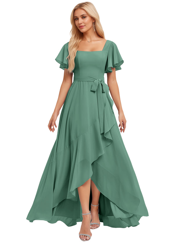 A-line Square-Neck Floor-Length Chiffon Bridesmaid Dress With Ruffle