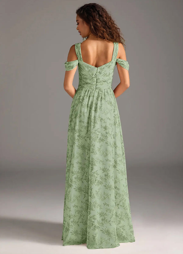 A-line Cold Shoulder Floor-Length Chiffon Bridesmaid Dress With Slit