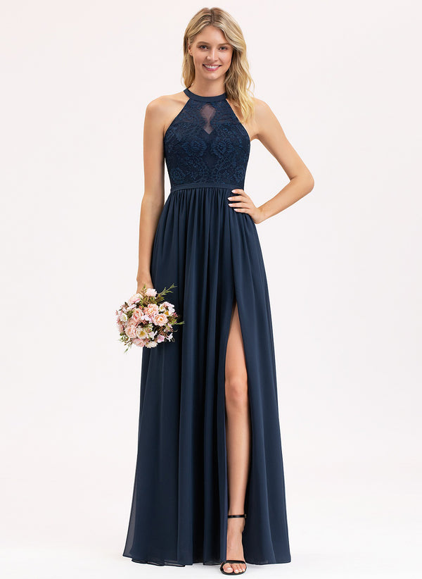 A-line Scoop Floor-Length Lace Chiffon Bridesmaid Dress