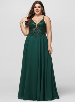 A-line V-Neck Floor-Length Chiffon Prom Dresses With Beading Sequins