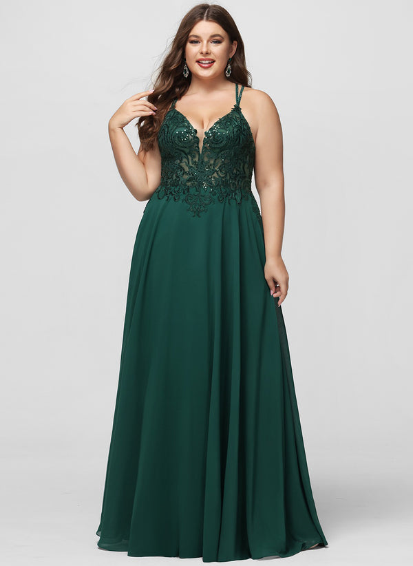 A-line V-Neck Floor-Length Chiffon Prom Dresses With Beading Sequins