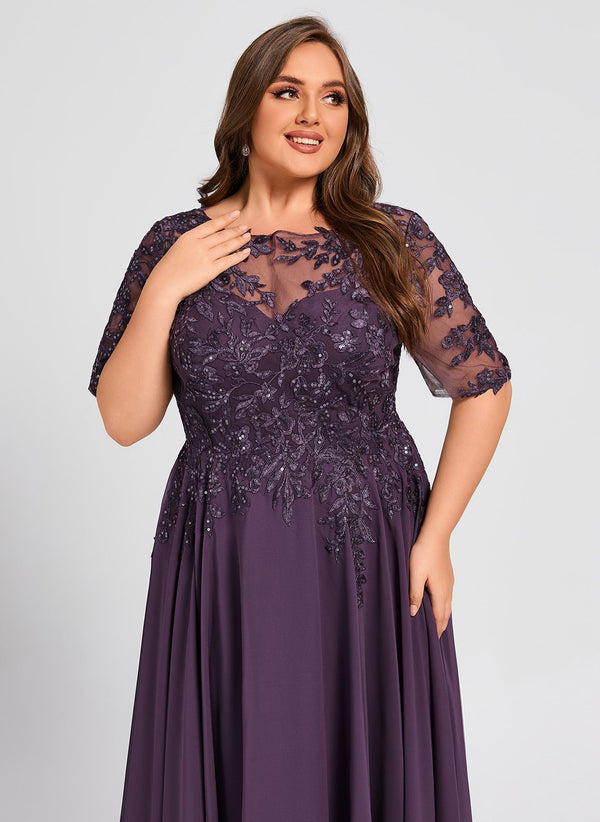 A-line Scoop Illusion Asymmetrical Lace Chiffon Mother of the Bride Dress With Sequins