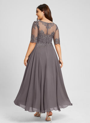 A-line Illusion Boat Neck Asymmetrical Chiffon Lace Mother of the Bride Dress With Sequins Beading