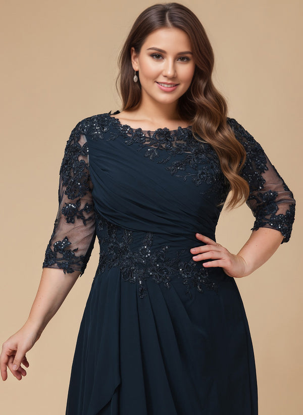 A-line Scoop Floor-Length Lace Chiffon Mother of the Bride Dress With Cascading Ruffles Sequins