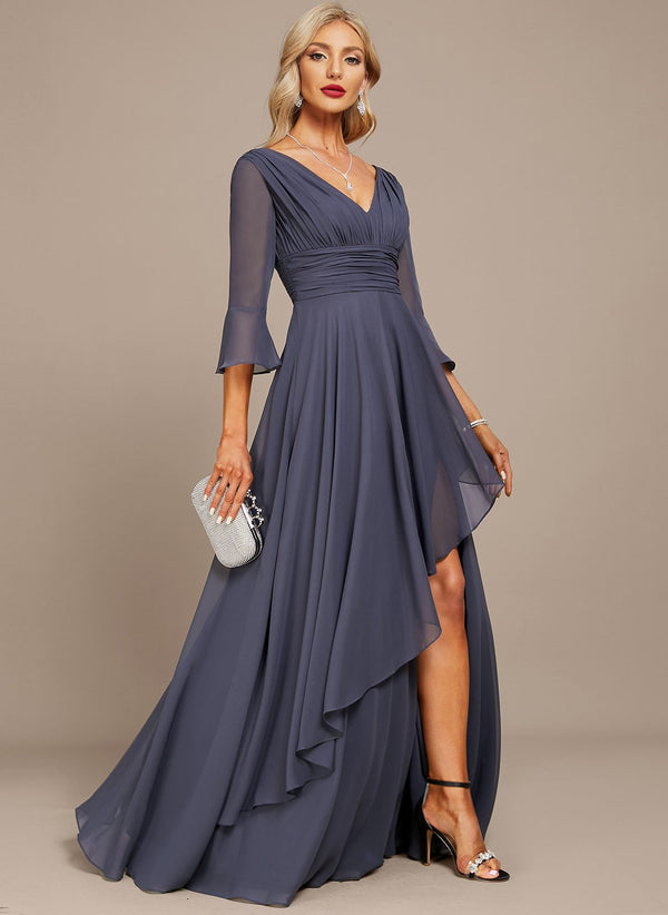 A-line V-Neck Floor-Length Chiffon Mother of the Bride Dress With Cascading Ruffles