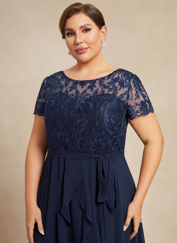 A-line Scoop Illusion Asymmetrical Chiffon Lace Mother of the Bride Dress With Ruffle Sequins Bow