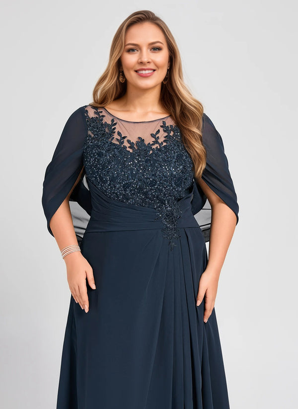 A-line Scoop Illusion Floor-Length Lace Chiffon Mother of the Bride Dress With Sequins Pleated