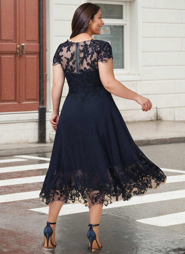 A-line Scoop Illusion Tea-Length Lace Chiffon Mother of the Bride Dress With Sequins