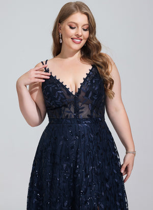 A-line V-Neck Floor-Length Lace Prom Dresses With Sequins