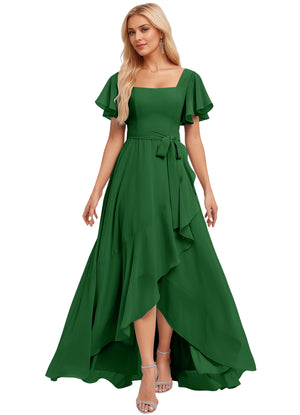 A-line Square-Neck Floor-Length Chiffon Bridesmaid Dress With Ruffle