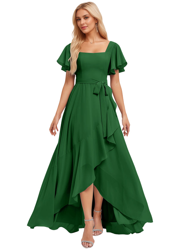 A-line Square-Neck Floor-Length Chiffon Bridesmaid Dress With Ruffle