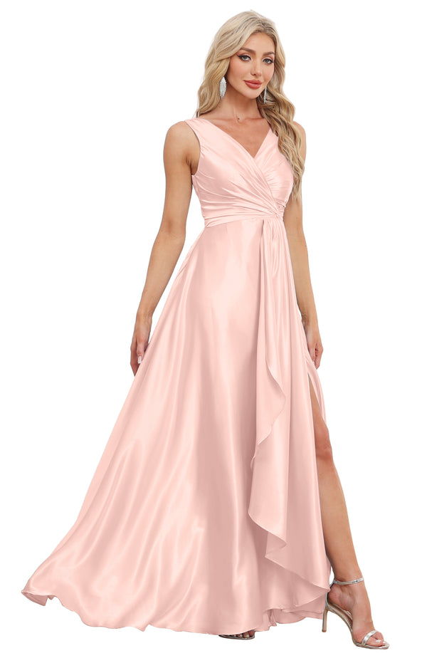 A-line V-Neck Floor-Length Satin Bridesmaid Dress