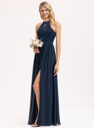 A-line Scoop Floor-Length Lace Chiffon Bridesmaid Dress