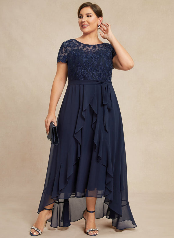 A-line Scoop Illusion Asymmetrical Chiffon Lace Mother of the Bride Dress With Ruffle Sequins Bow
