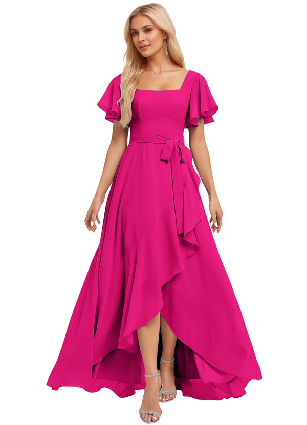 A-line Square-Neck Floor-Length Chiffon Bridesmaid Dress With Ruffle