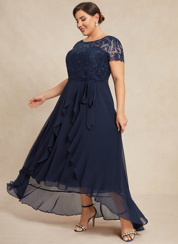 A-line Scoop Illusion Asymmetrical Chiffon Lace Mother of the Bride Dress With Ruffle Sequins Bow
