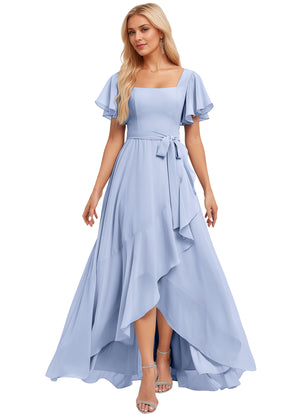 A-line Square-Neck Floor-Length Chiffon Bridesmaid Dress With Ruffle