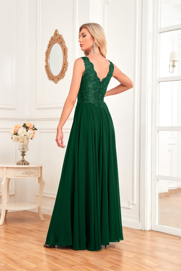 Sleeveless A-Line Floor Length Chiffon Lace V-Neck Bridesmaid Dress