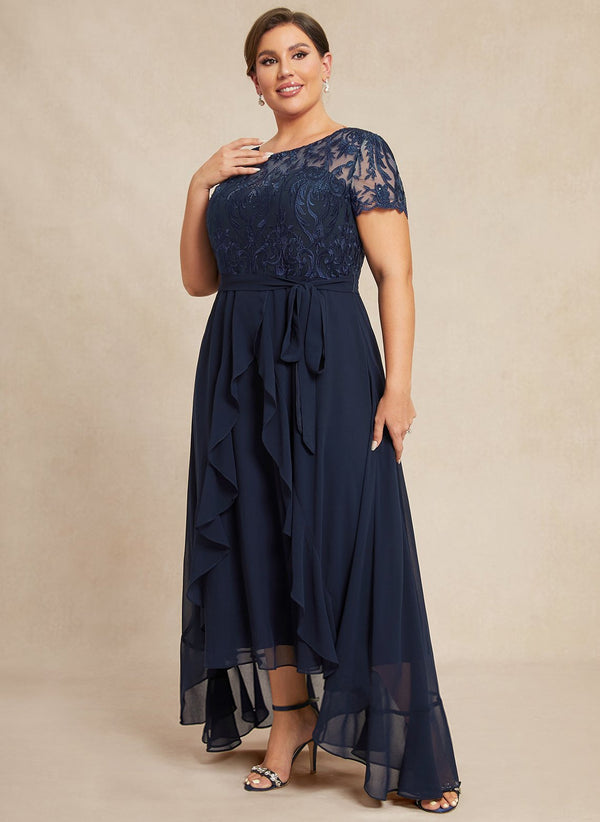 A-line Scoop Illusion Asymmetrical Chiffon Lace Mother of the Bride Dress With Ruffle Sequins Bow