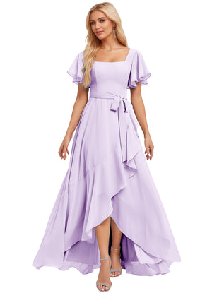A-line Square-Neck Floor-Length Chiffon Bridesmaid Dress With Ruffle