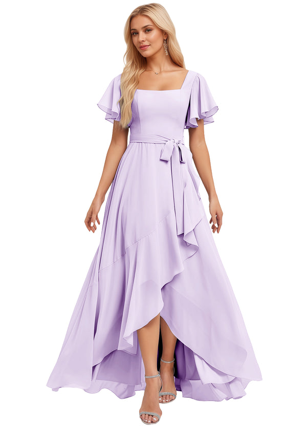 A-line Square-Neck Floor-Length Chiffon Bridesmaid Dress With Ruffle