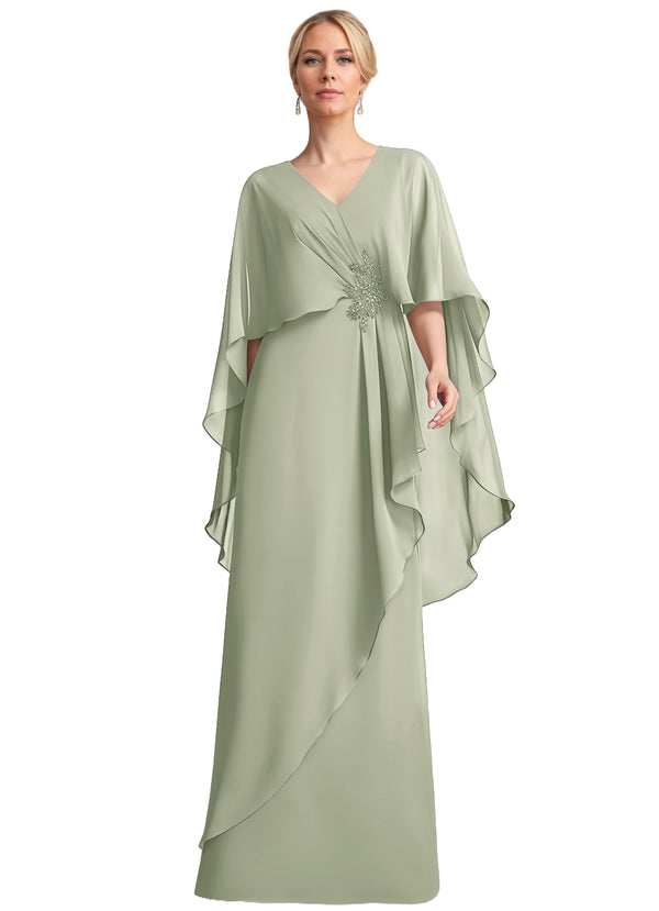 A-line V-Neck Floor-Length Chiffon Mother of the Bride Dress With Cascading Ruffles Beading