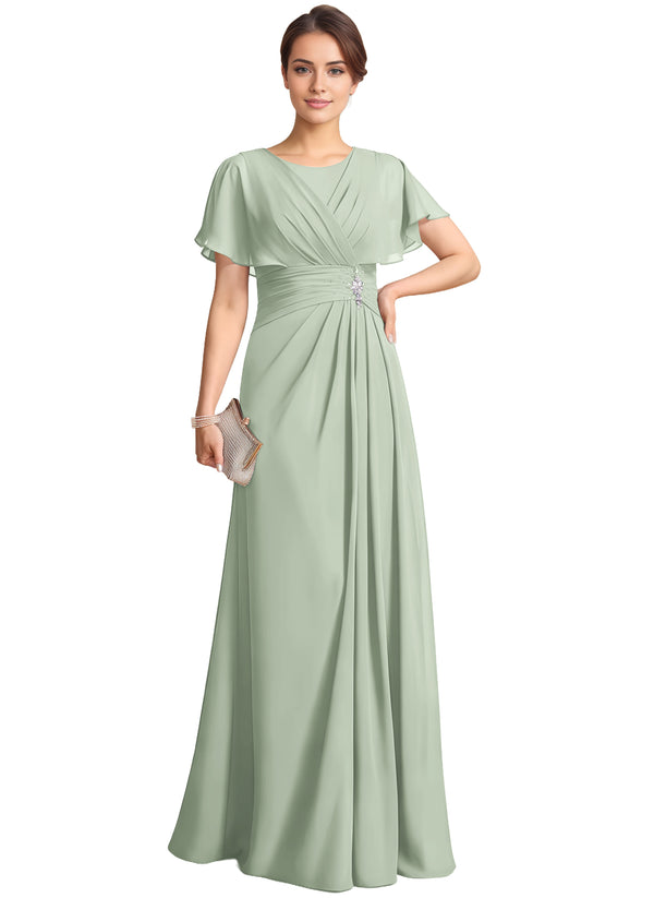 A-line Scoop Floor-Length Chiffon Mother of the Bride Dress With Pleated Beading
