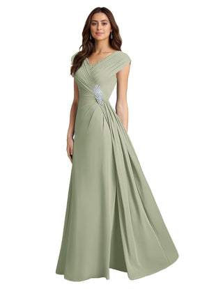 A-line V-Neck Floor-Length Chiffon Mother of the Bride Dress With Pleated Sequins
