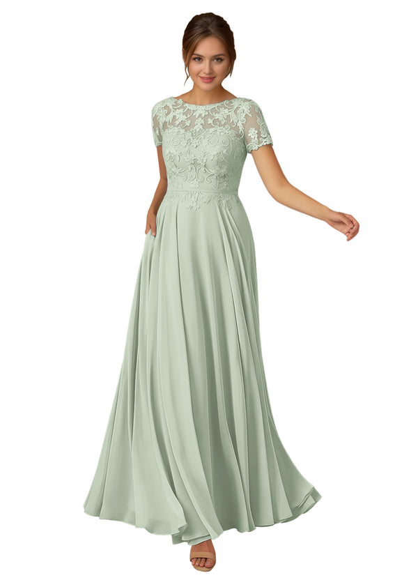 A-line Scoop Illusion Floor-Length Lace Chiffon Mother of the Bride Dress With Sequins