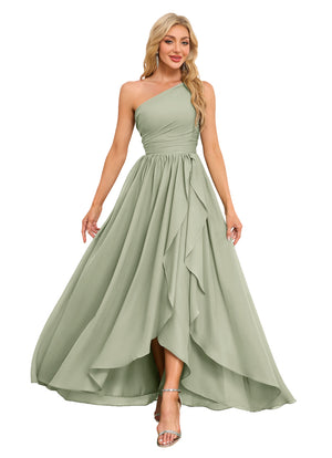 A-line One Shoulder Floor-Length Chiffon Bridesmaid Dress With Ruffle