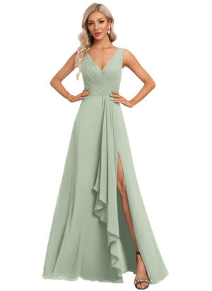 A-line V-Neck Floor-Length Chiffon Bridesmaid Dress with Ruffle