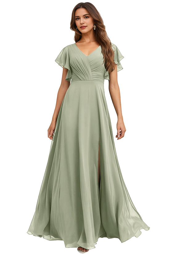 A-line V-Neck Floor-Length Chiffon Bridesmaid Dress With Ruffle
