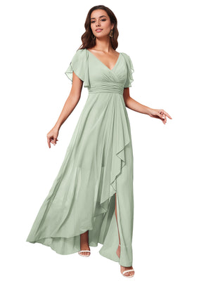 A-line V-Neck Floor-Length Chiffon Bridesmaid Dress With Ruffle