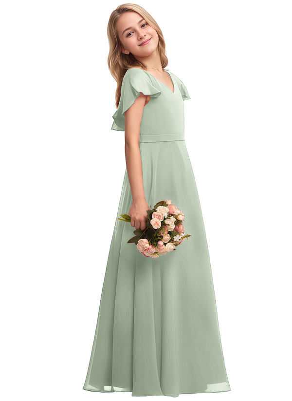 A-line V-Neck Floor-Length Chiffon Junior Bridesmaid Dress