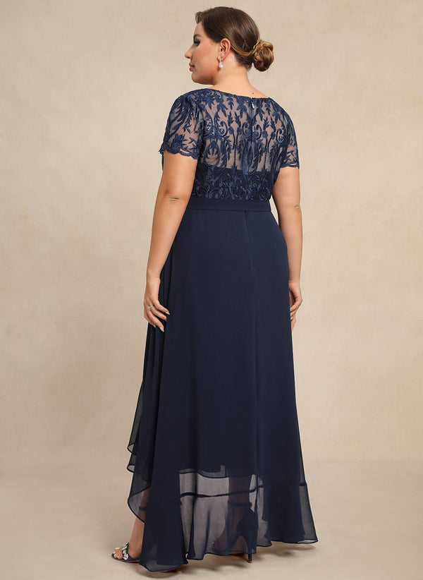 A-line Scoop Illusion Asymmetrical Chiffon Lace Mother of the Bride Dress With Ruffle Sequins Bow
