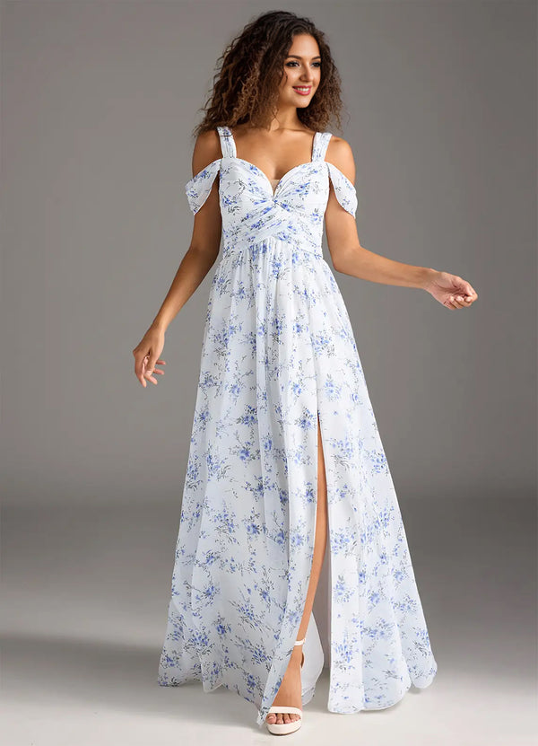 A-line Cold Shoulder Floor-Length Chiffon Bridesmaid Dress With Slit