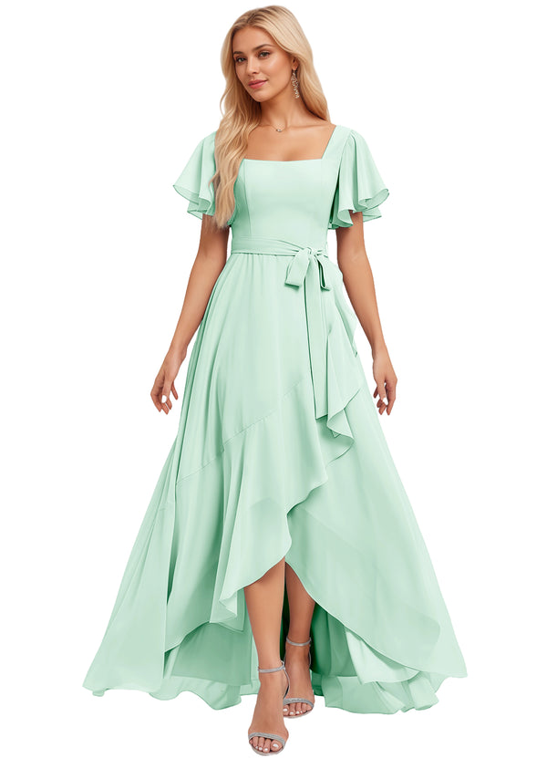 A-line Square-Neck Floor-Length Chiffon Bridesmaid Dress With Ruffle