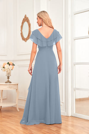 A-line V-Neck Floor-Length Chiffon Dress With Ruffle