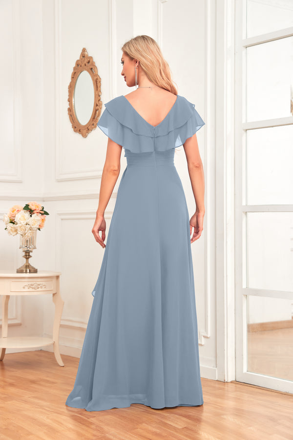A-line V-Neck Floor-Length Chiffon Dress With Ruffle