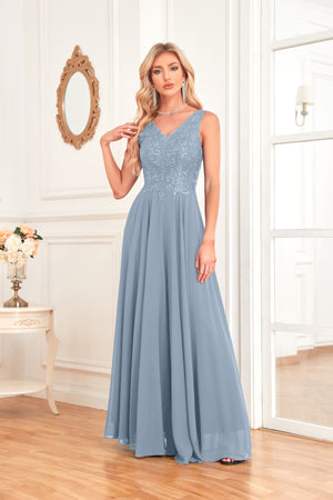 Sleeveless A-Line Floor Length Chiffon Lace V-Neck Bridesmaid Dress